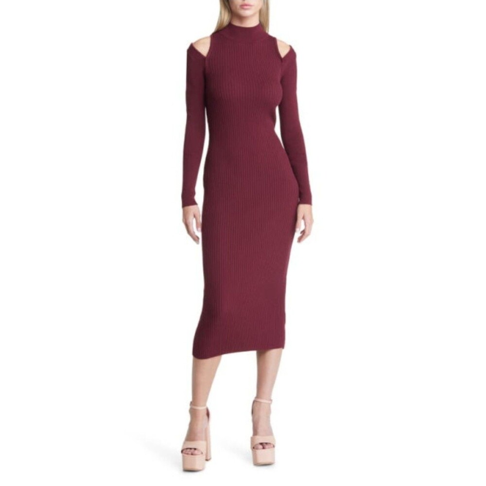 Open Edit Sweater Dress Womens Large Maroon Ribbed Knit Mock Neck Cold Shoulder